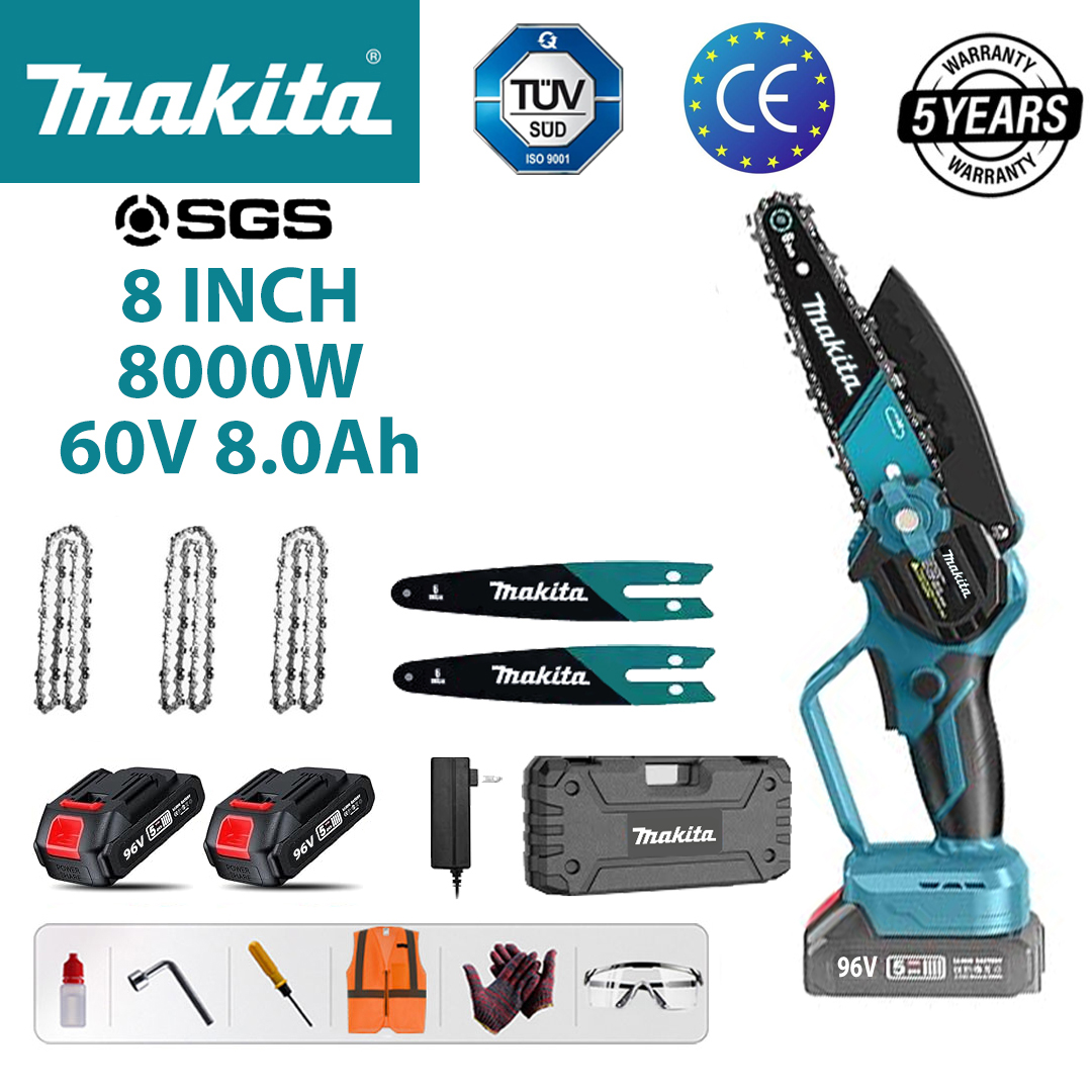 8palcová 8000W bezkomutátorová lithiová řetězová pila + 60V 8,0Ah baterie * 2 + rychlonabíječka + kompletní sada příslušenství