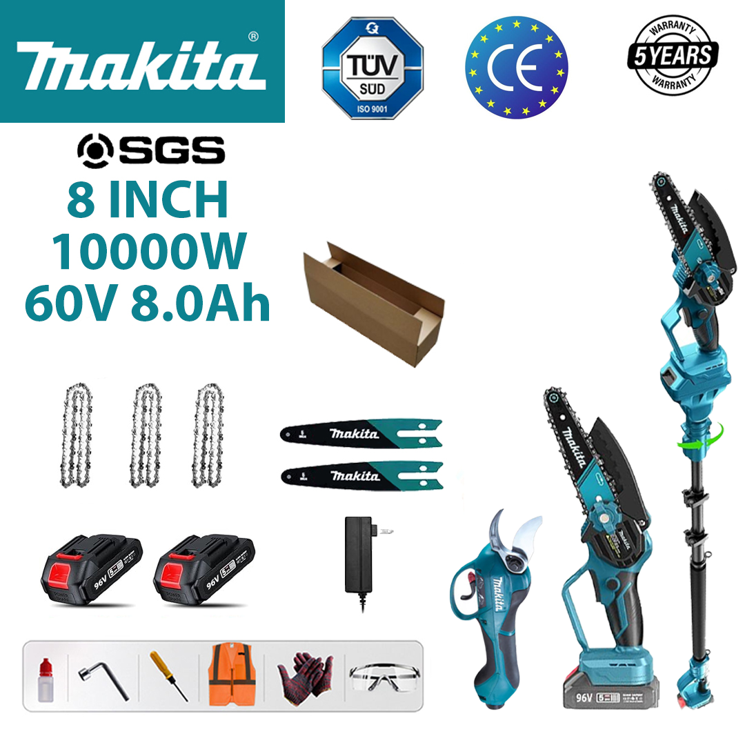 8palcová 10000W bezkomutátorová lithiová elektrická pila + zahradnické nůžky + teleskopická tyč (1,2m-4,6m teleskopická zdarma) + 60V 8,0Ah baterie * 2 + rychlonabíječka + kompletní sada příslušenství