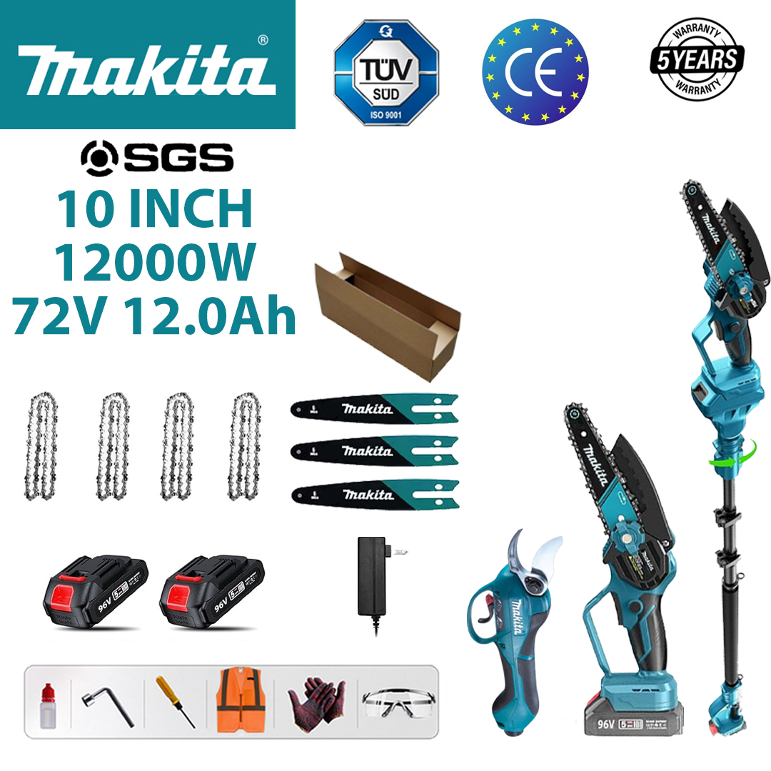 10palcová 12000W bezkartáčová lithiová elektrická pila + zahradnické nůžky + teleskopická tyč (1,2 m-4,6 m bez teleskopické tyče) + baterie 72 V 12,0 Ah * 2 + rychlonabíječka + kompletní sada příslušenství