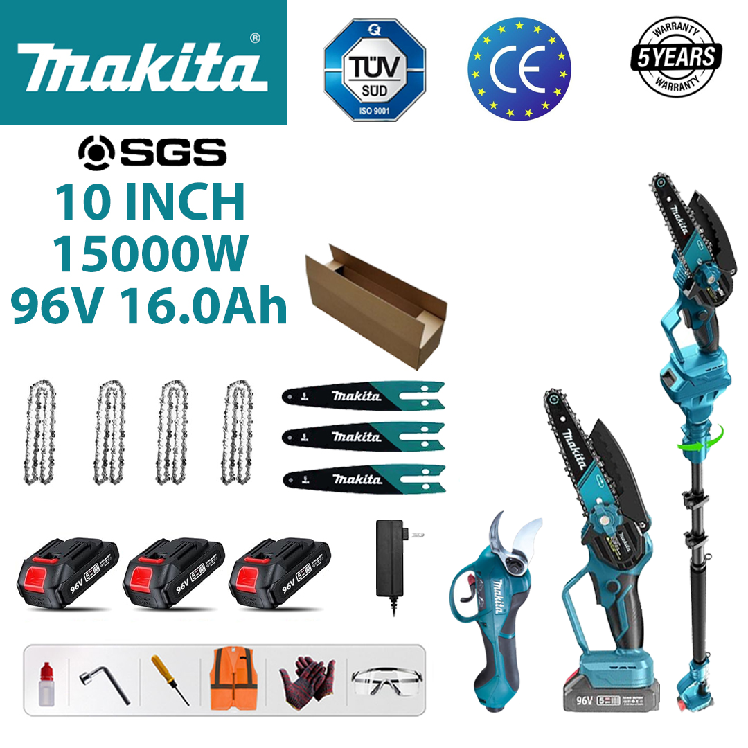 10palcová 15000W bezkomutátorová lithiová elektrická pila + zahradnické nůžky + teleskopická tyč (1,2 m-4,6 m teleskopická zdarma) + baterie 96V 16,0Ah * 3 + rychlonabíječka + kompletní sada příslušenství